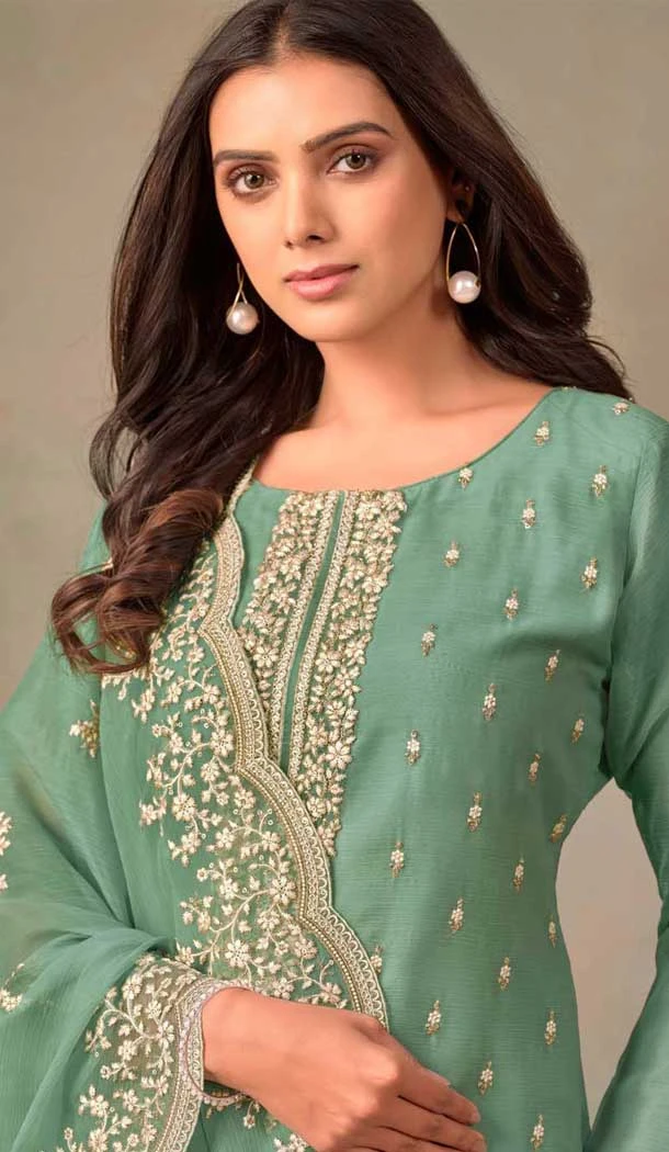 Mint Green Color Organza Resham Work Party Wear Salwar Kameez - 10581194742