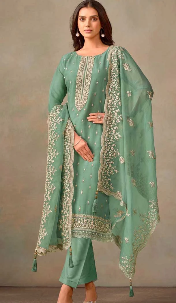 Mint Green Color Organza Resham Work Party Wear Salwar Kameez - 10581194742