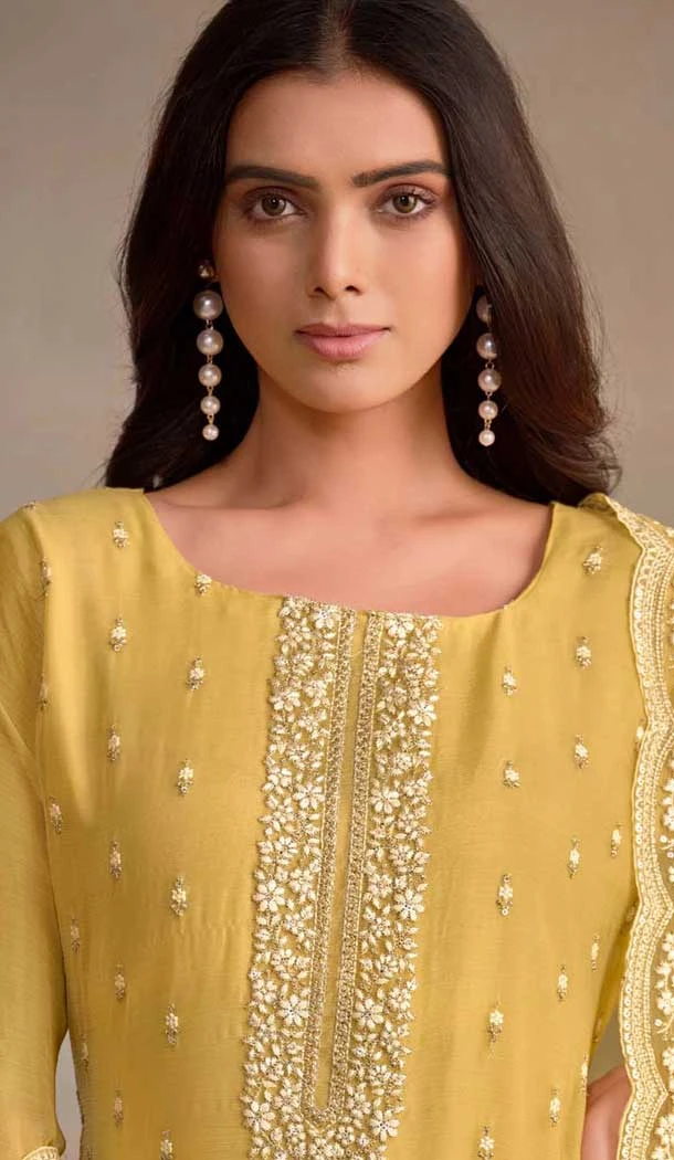 Yellow Organza Resham Work Party Wear Salwar Kameez - 10581194743