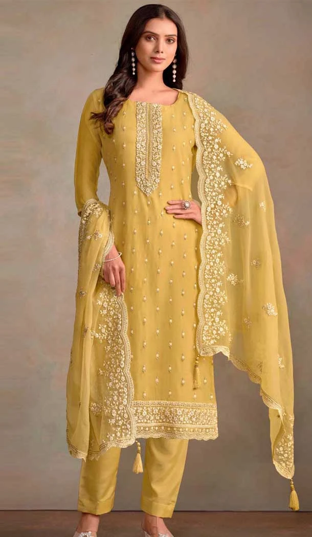 Yellow Organza Resham Work Party Wear Salwar Kameez - 10581194743