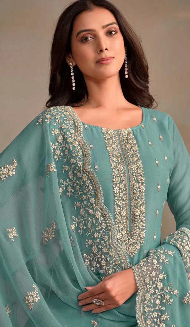 Sky Blue Organza Resham Work Party Wear Salwar Kameez - 10581194744