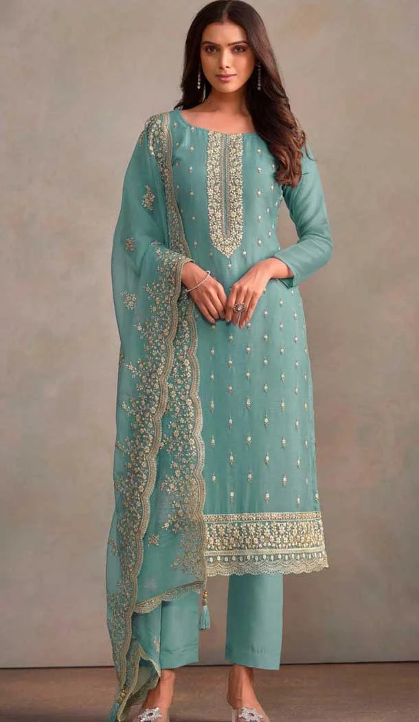 Sky Blue Organza Resham Work Party Wear Salwar Kameez - 10581194744