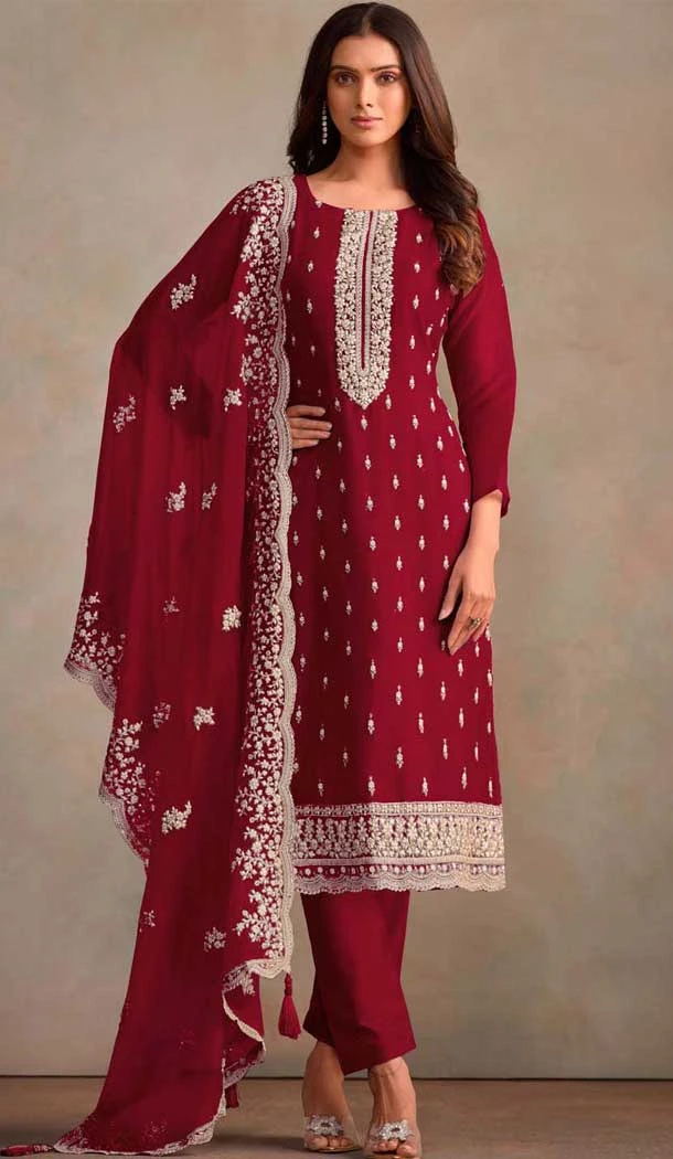 Maroon Organza Resham Work Party Wear Salwar Kameez - 10581194747