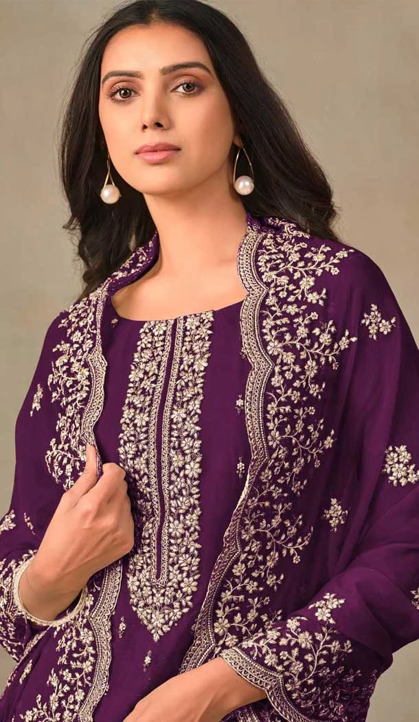 Purple Organza Resham Work Party Wear Salwar Kameez - 10581194749