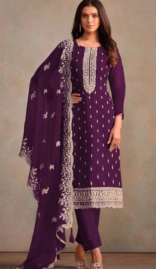 Purple Organza Resham Work Party Wear Salwar Kameez - 10581194749