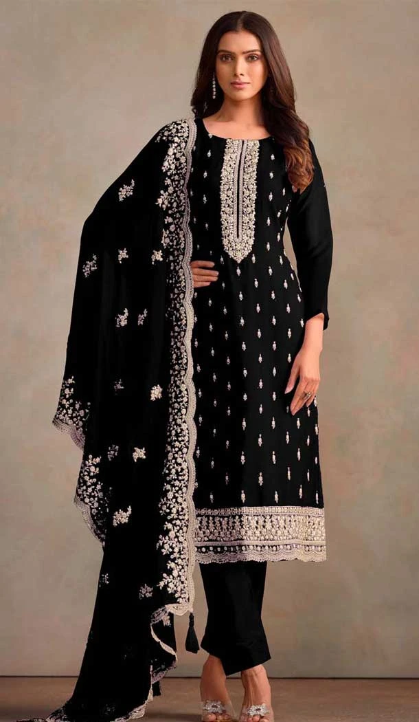 Black Organza Resham Work Party Wear Salwar Kameez - 10581194750