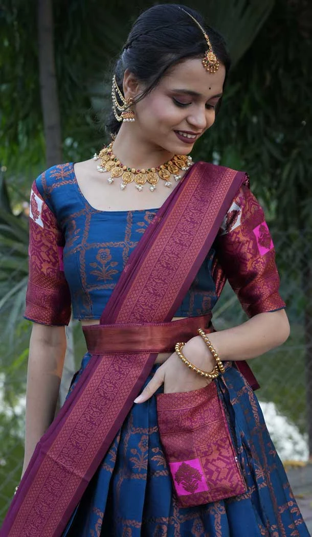 Teal Blue Lichi Silk Zari Work Traditional Wear Lehenga Choli - 10593194901