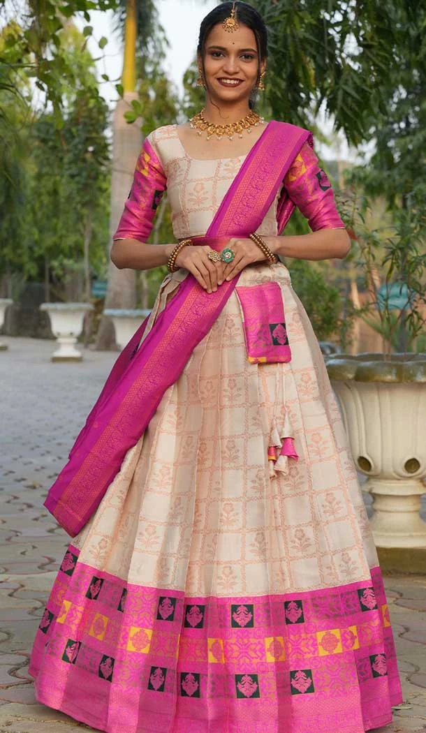 Cream Lichi Silk Zari Work Traditional Wear Lehenga Choli - 10593194902