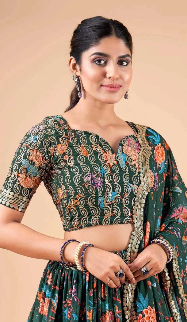 Bottle Green Georgette Digital print Work Party Wear Lehenga Choli - 10605194964