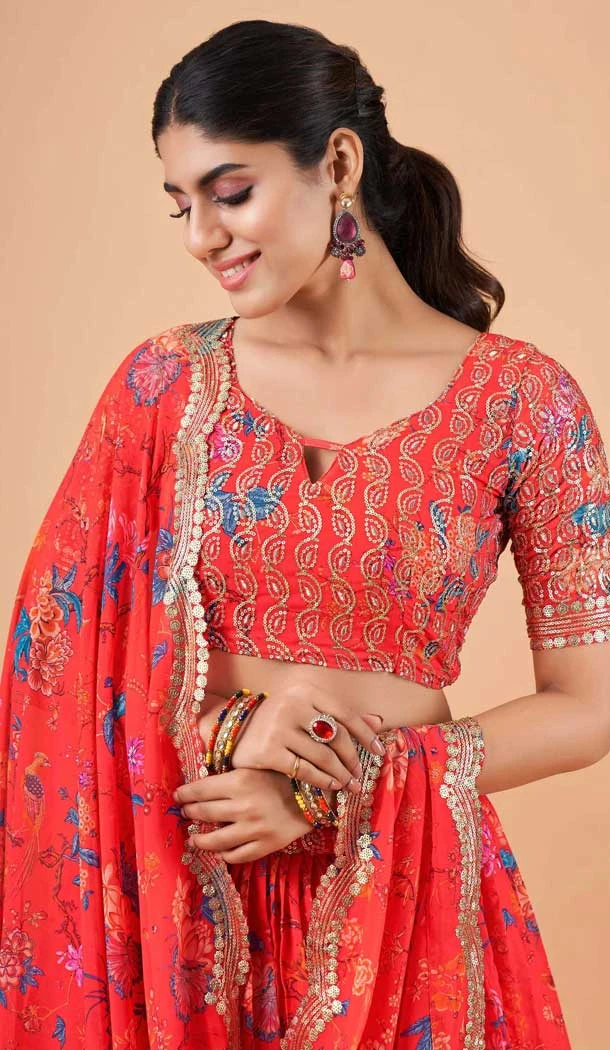 Red Georgette Digital print Work Party Wear Lehenga Choli - 10605194966