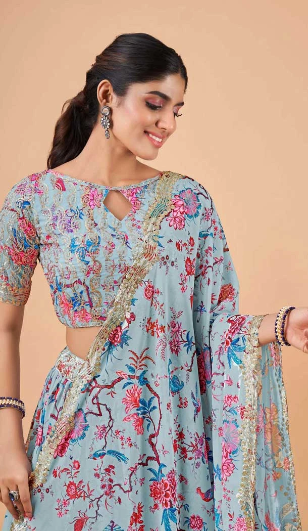Sky Blue Color Georgette Digital print Work Party Wear Lehenga Choli - 10605194967