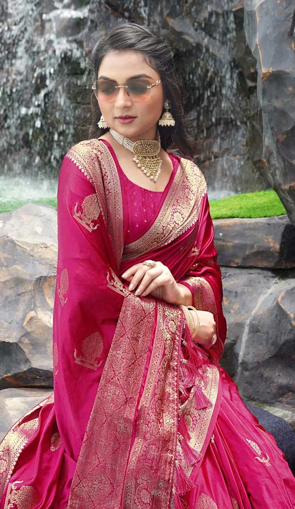 Rani Pink Satin Silk Weaving Work Party Wear Saree - 10611195032