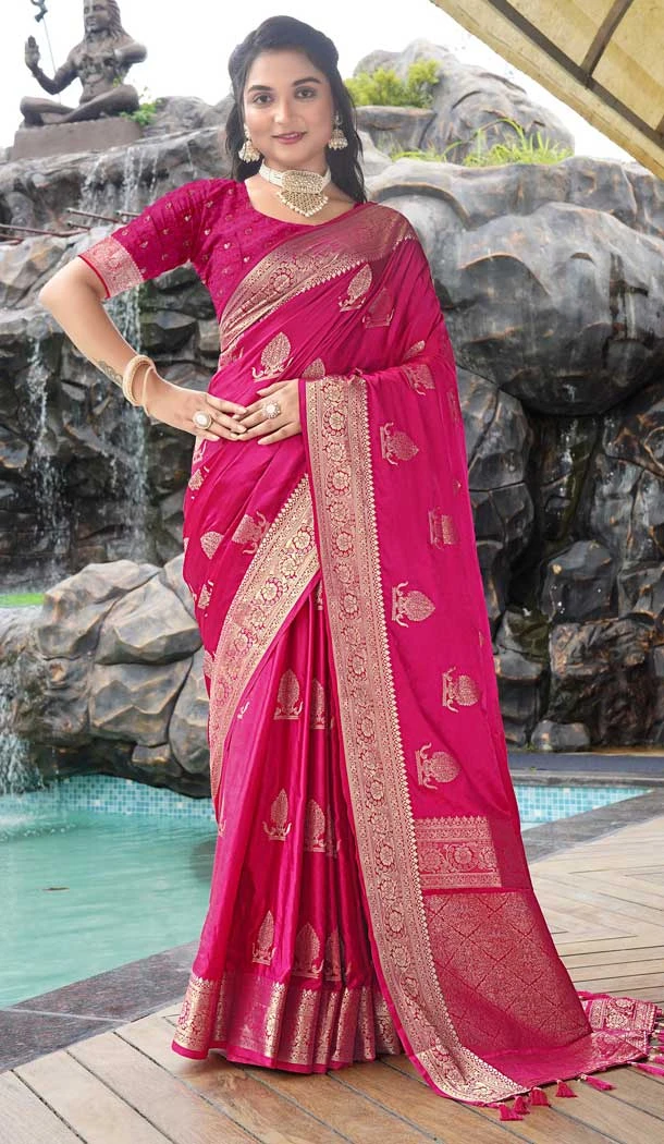 Rani Pink Satin Silk Weaving Work Party Wear Saree - 10611195032