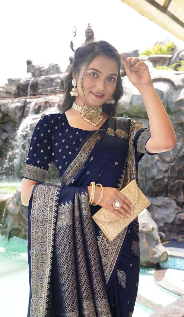 Navy Blue Satin Silk Weaving Work Party Wear Saree - 10611195033