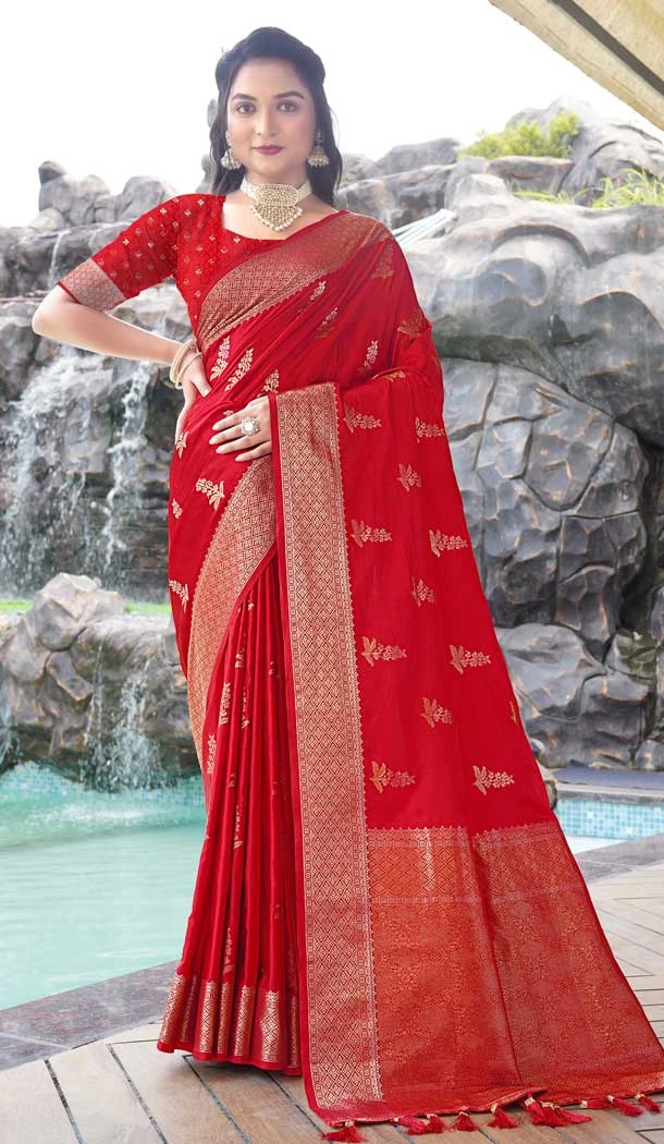 Red Satin Silk Weaving Work Party Wear Saree - 10611195034