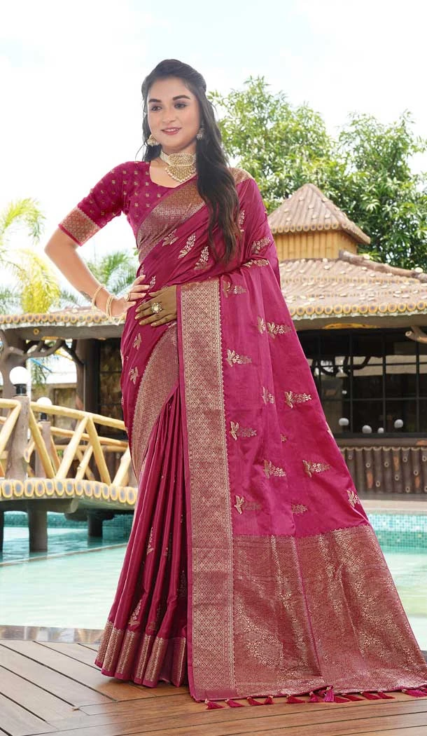 Wine Satin Silk Weaving Work Party Wear Saree - 10611195036