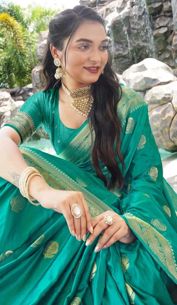 Rama Blue Satin Silk Weaving Work Party Wear Saree - 10611195037