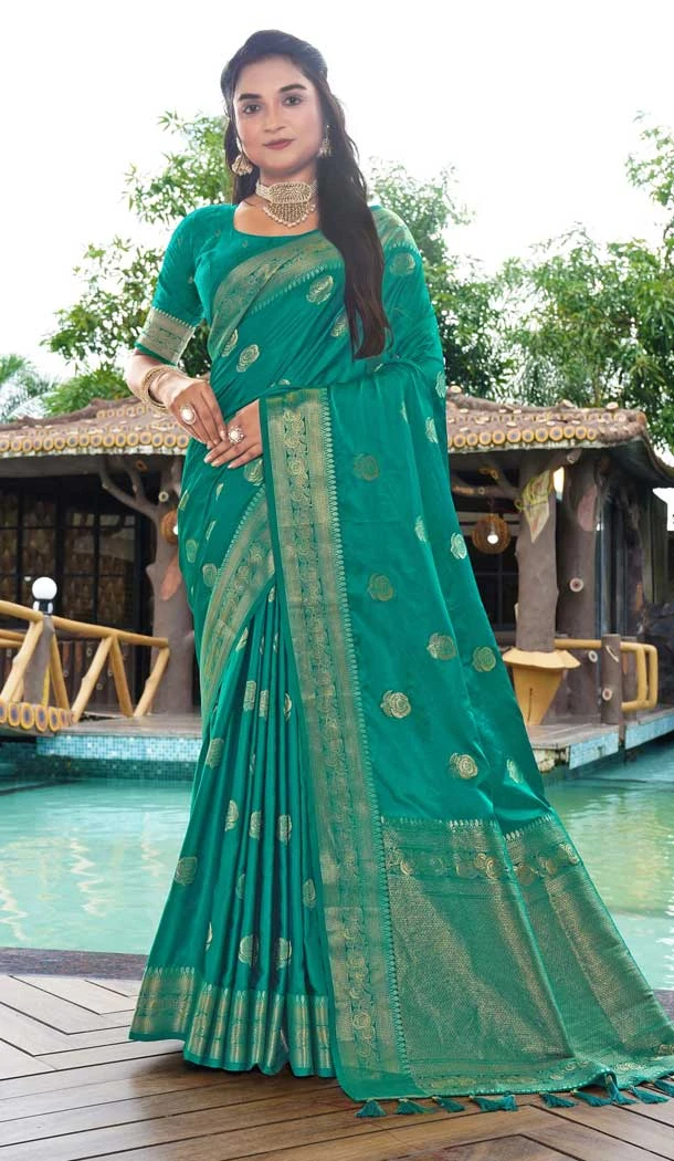 Rama Blue Satin Silk Weaving Work Party Wear Saree - 10611195037