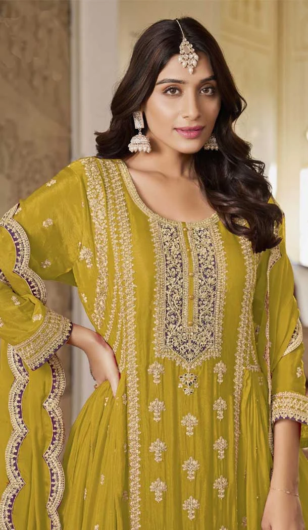 Chinon Embroidered Party Wear Palazzo Salwar Kameez In Mustard - 10613195042