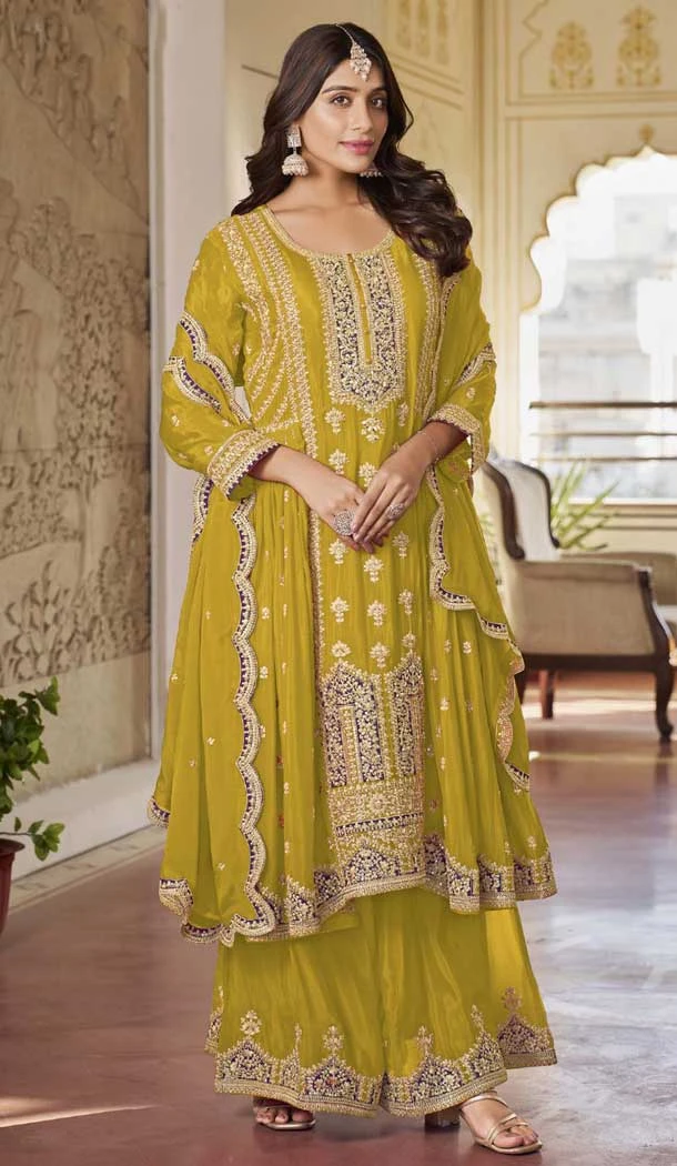 Chinon Embroidered Party Wear Palazzo Salwar Kameez In Mustard - 10613195042