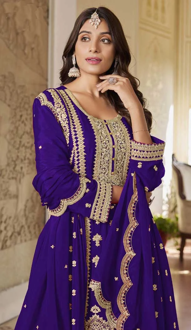 Chinon Embroidered Party Wear Palazzo Salwar Kameez In Purple - 10613195043