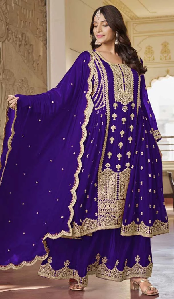 Chinon Embroidered Party Wear Palazzo Salwar Kameez In Purple - 10613195043