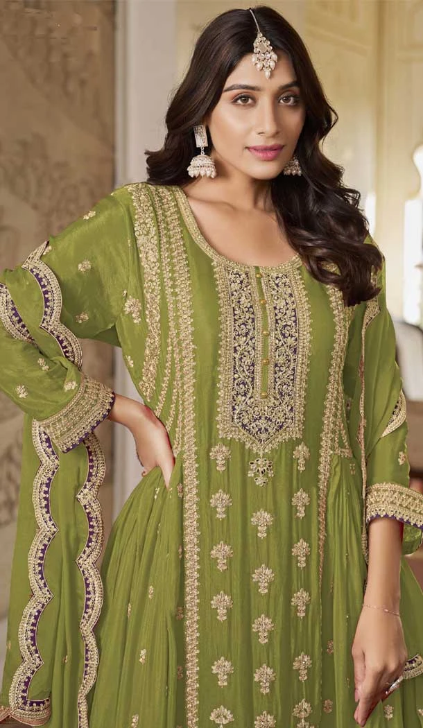 Chinon Embroidered Party Wear Palazzo Salwar Kameez In Mehendi Green - 10613195044