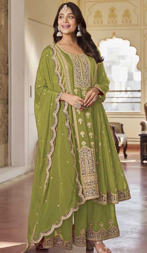 Chinon Embroidered Party Wear Palazzo Salwar Kameez In Mehendi Green - 10613195044