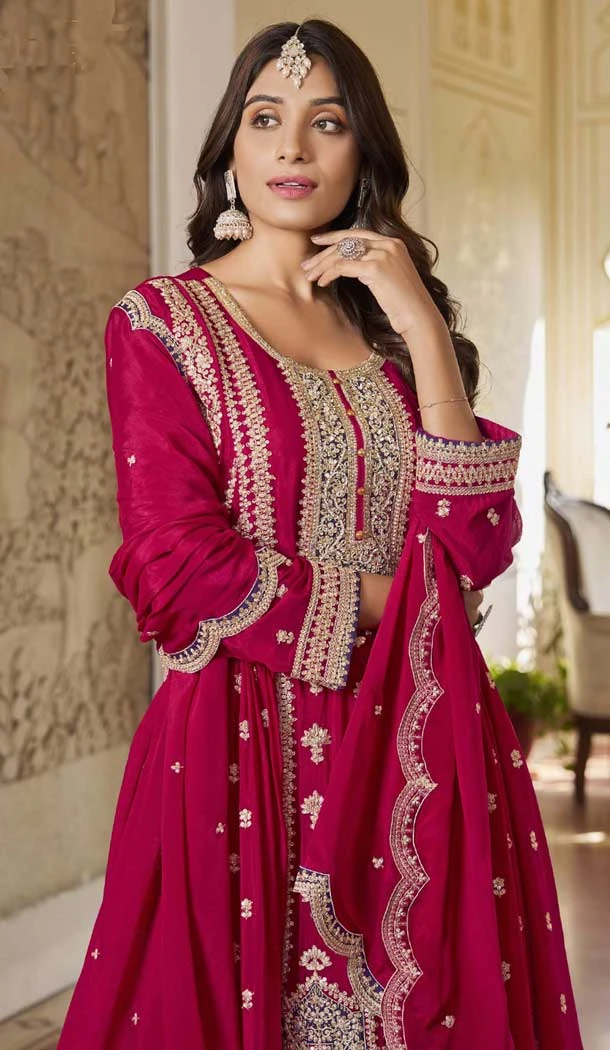 Chinon Embroidered Party Wear Palazzo Salwar Kameez In Rani Pink - 10613195045
