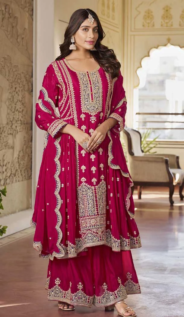 Chinon Embroidered Party Wear Palazzo Salwar Kameez In Rani Pink - 10613195045