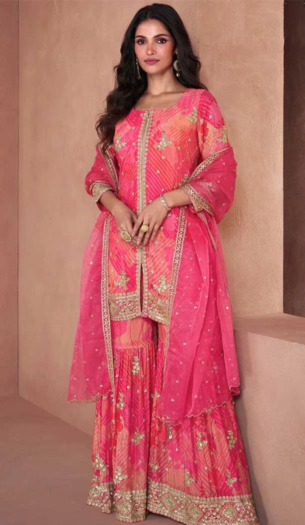Pink Fox Georgette Embroidered Party Wear Readymade Sharara Suit - 10614195046