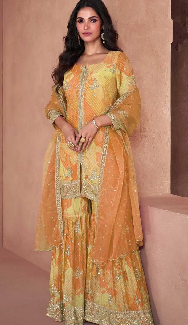 Yellow Fox Georgette Embroidered Party Wear Readymade Sharara Suit - 10614195047