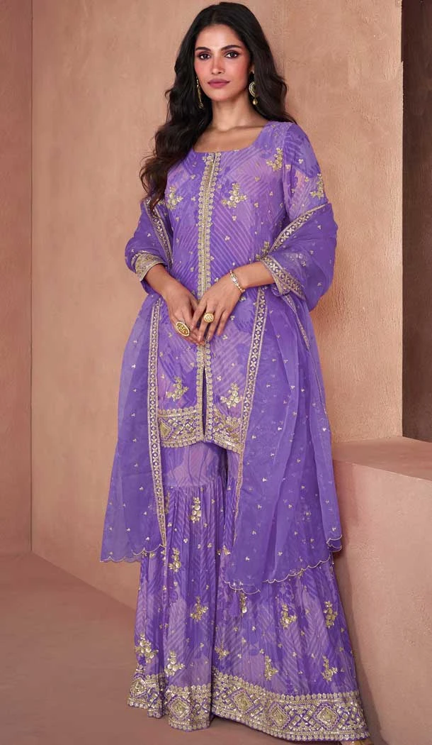 Purple Fox Georgette Embroidered Party Wear Readymade Sharara Suit - 10614195048