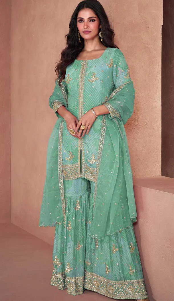 Mint Green Fox Georgette Embroidered Party Wear Readymade Sharara Suit - 10614195050