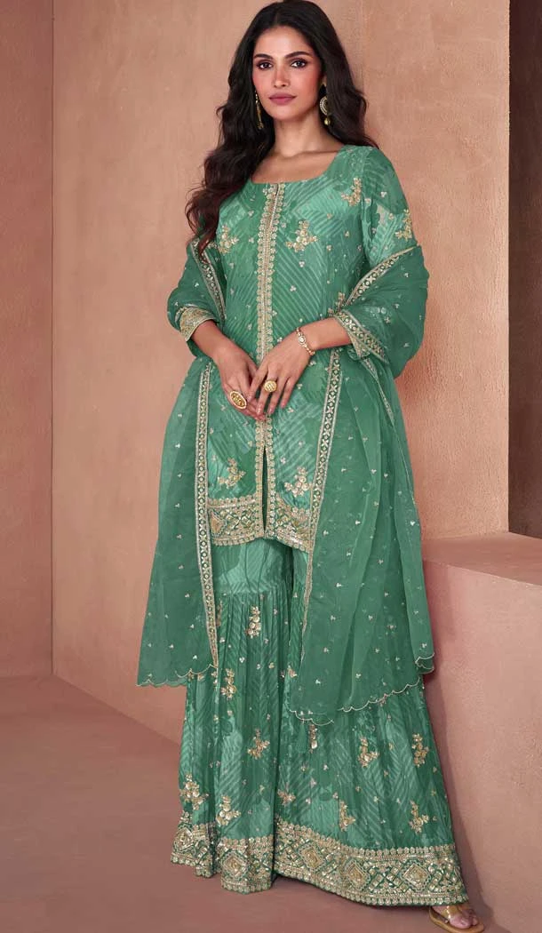 Rama Blue Fox Georgette Embroidered Party Wear Readymade Sharara Suit - 10614195051