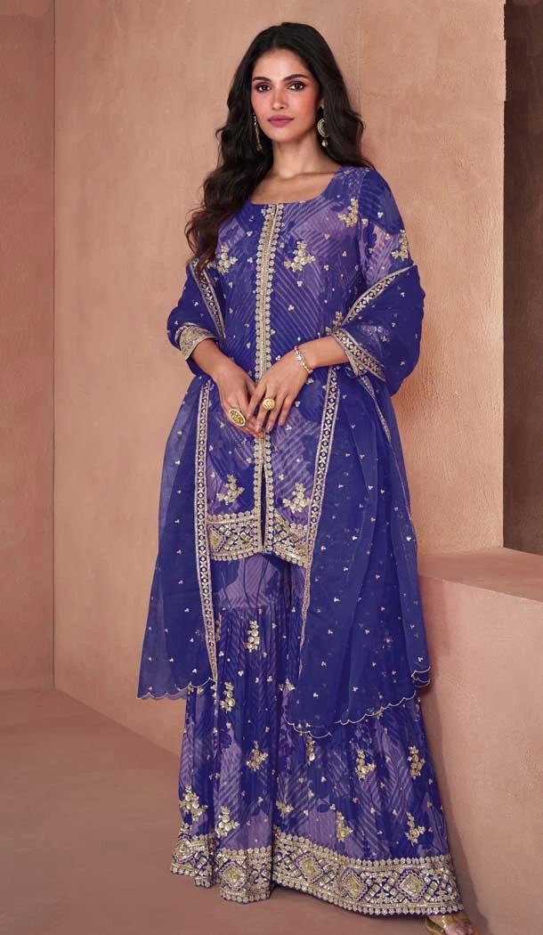 Navy Blue Fox Georgette Embroidered Party Wear Readymade Sharara Suit - 10614195052
