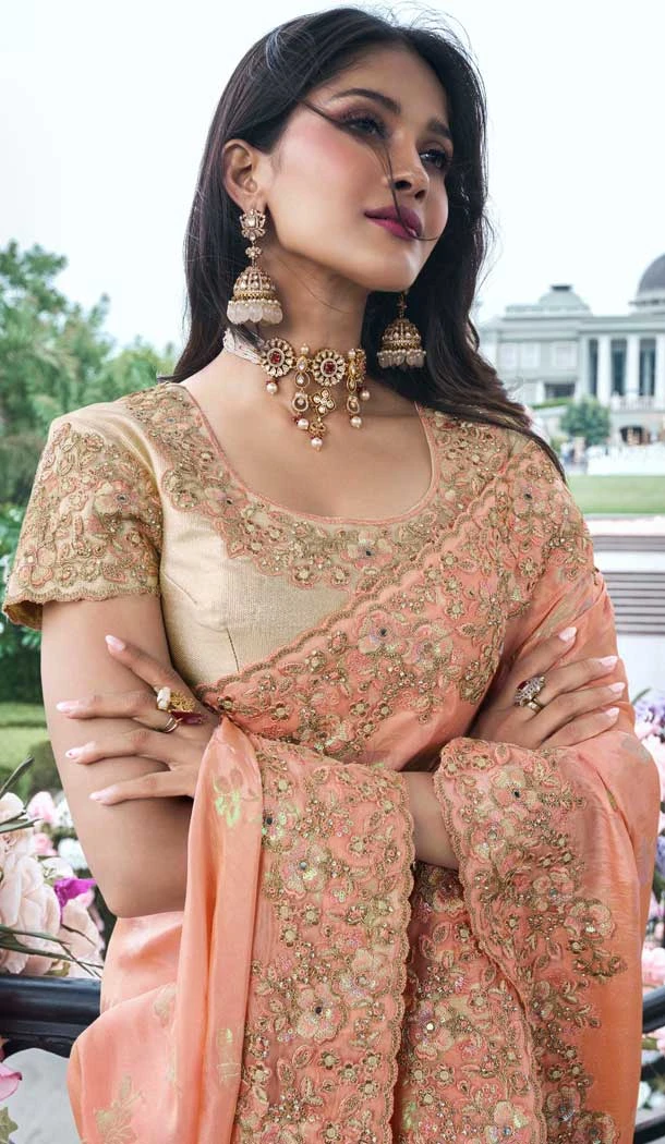 Peach Tissue Silk Resham Work Wedding Wear Saree - 10616195054