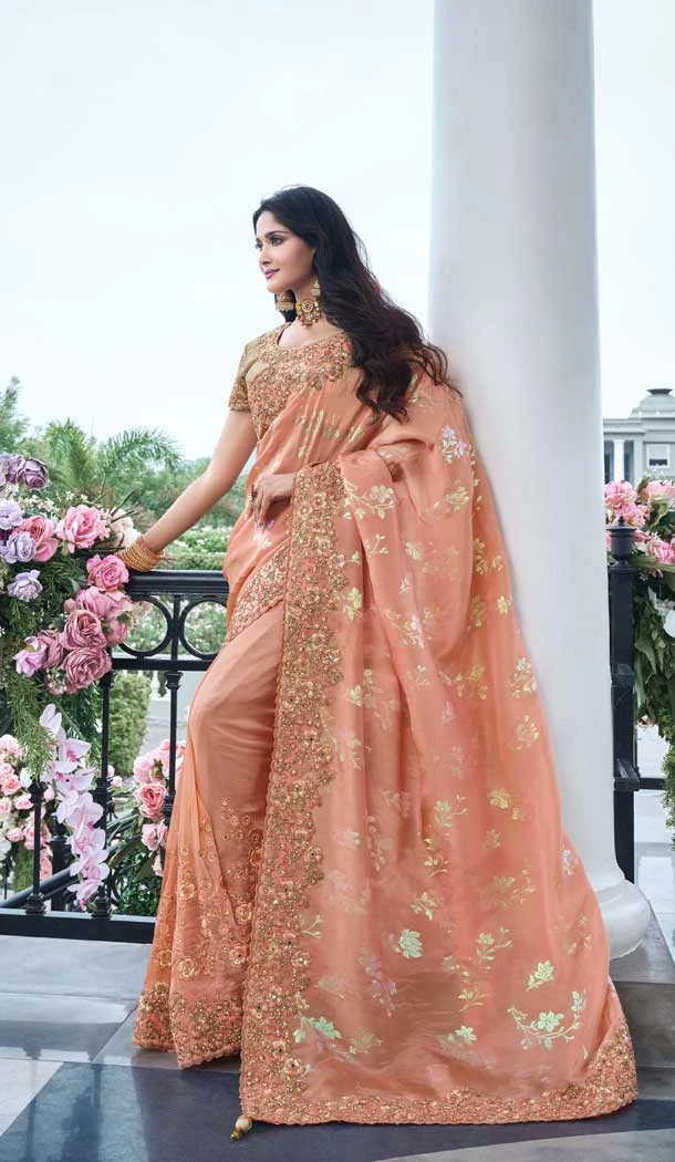 Peach Tissue Silk Resham Work Wedding Wear Saree - 10616195054