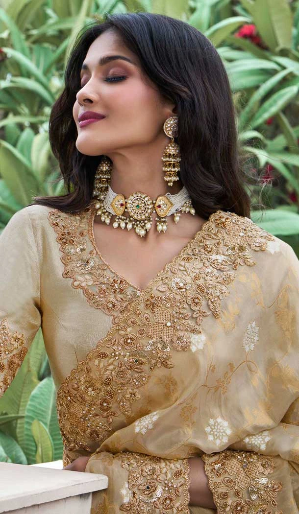 Gold Tissue Silk Resham Work Wedding Wear Saree - 10616195055