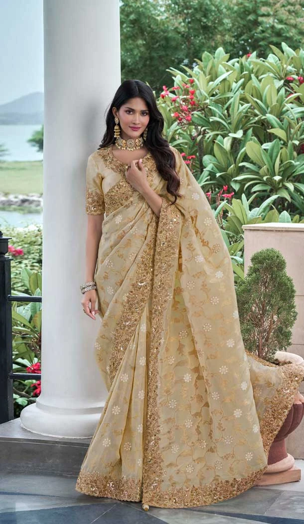 Gold Tissue Silk Resham Work Wedding Wear Saree - 10616195055