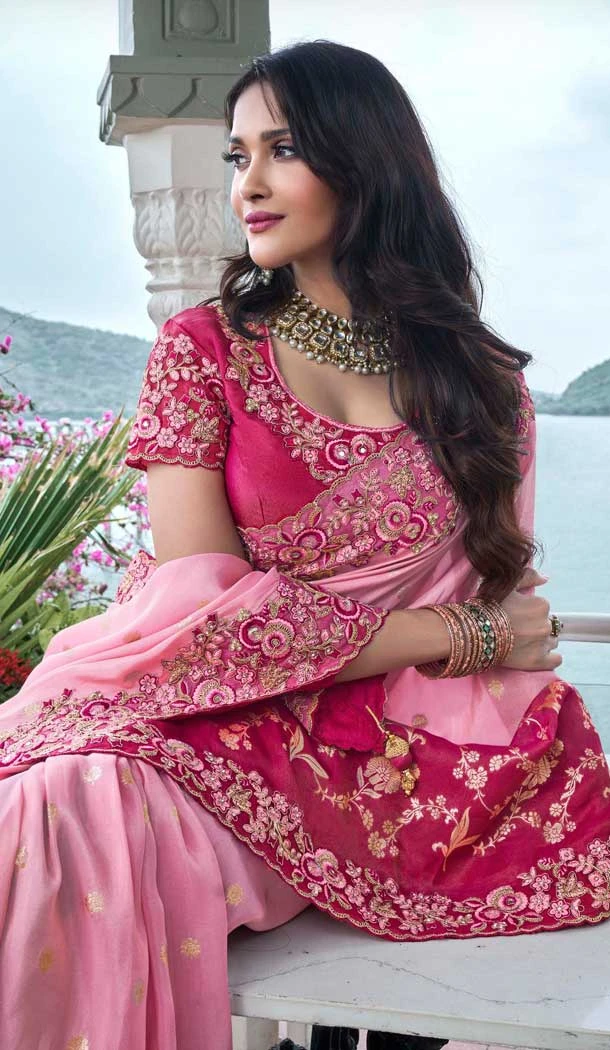 Pink Tissue Silk Resham Work Wedding Wear Saree - 10616195056