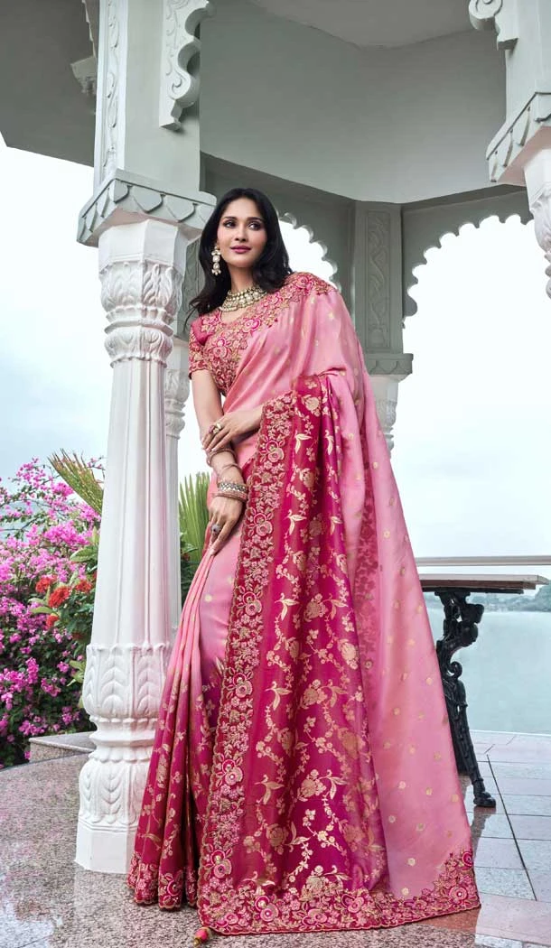 Pink Tissue Silk Resham Work Wedding Wear Saree - 10616195056