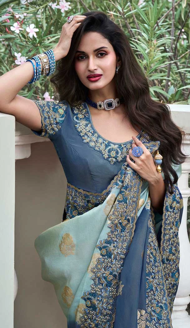 Dusty Blue Tissue Silk Resham Work Wedding Wear Saree - 10616195057