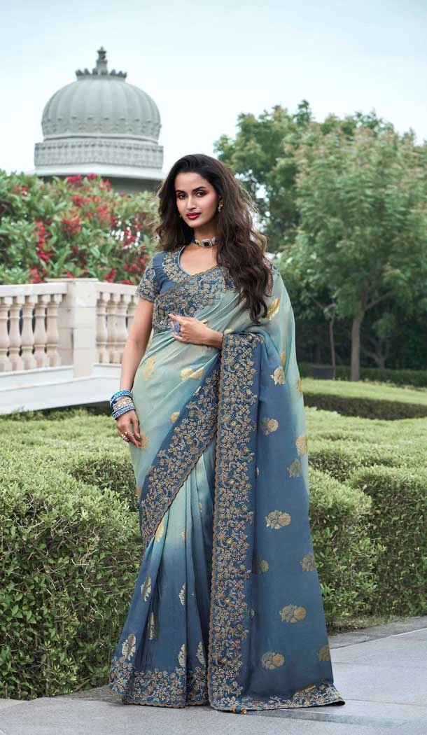Dusty Blue Tissue Silk Resham Work Wedding Wear Saree - 10616195057