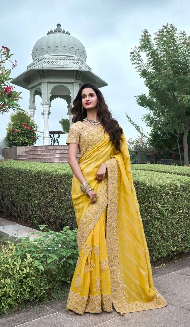 Yellow Tissue Silk Resham Work Wedding Wear Saree - 10616195058