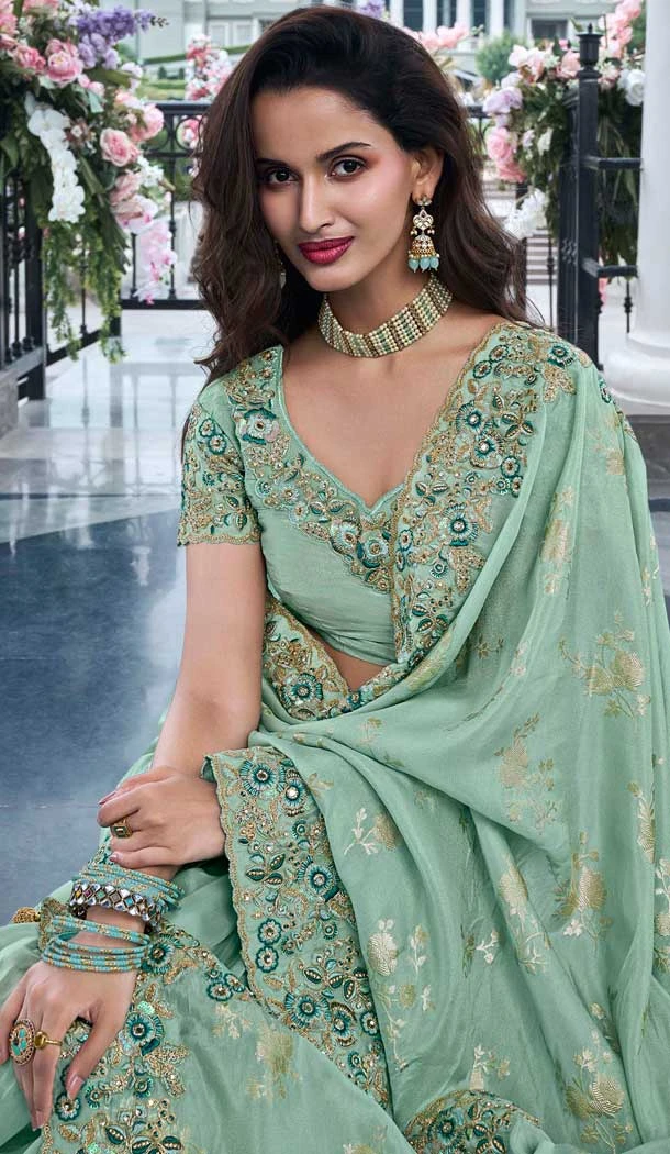 Mint Green Tissue Silk Resham Work Wedding Wear Saree - 10616195059