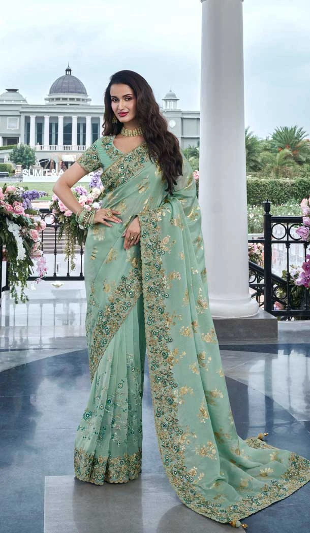 Mint Green Tissue Silk Resham Work Wedding Wear Saree - 10616195059