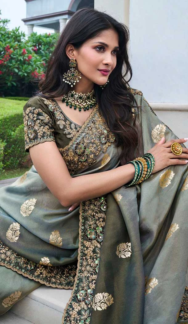 Grey Omber Tissue Silk Resham Work Wedding Wear Saree - 10616195062 Grey Omber Tissue Silk Resham Work Wedding Wear Saree - 10616195062