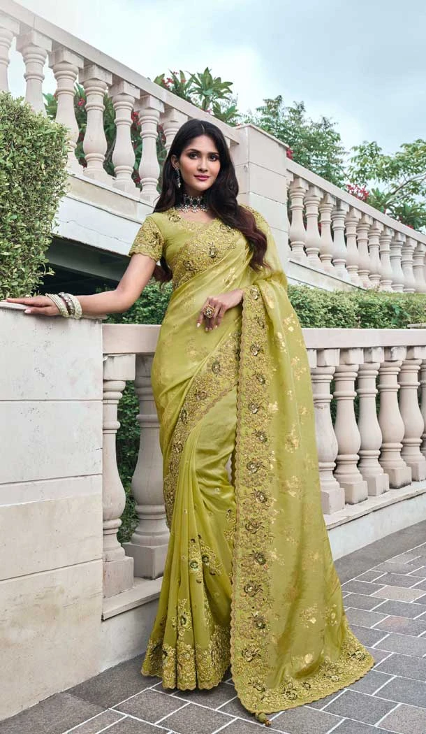 Green Tissue Silk Resham Work Wedding Wear Saree - 10616195063