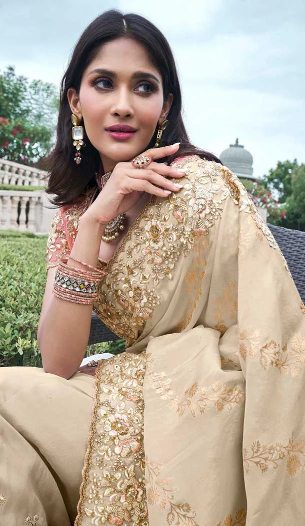Cream Tissue Silk Resham Work Wedding Wear Saree - 10616195064